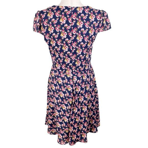 Betsey Johnson Navy Blue Floral Print Chiffon Fit and Flare Dress Women's Size 6 - Picture 3 of 14